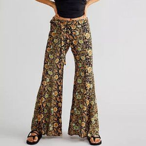 Free People Bali Sultry Boho Printed Wide Leg Flare Pants Black Combo Size Small